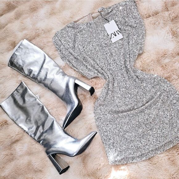 ZARA NWT ZARA SHORT SEQUINNED DRESS WITH SHOULDER PADS SILVER - Picture 10 of 10